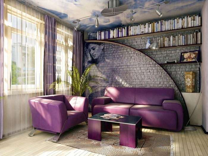 Purple sofa in an industrial interior