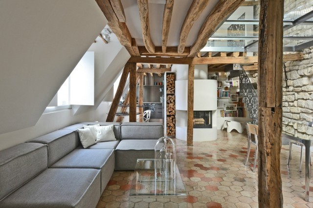 Vintage wooden beams in the interior of a glass-mirror house