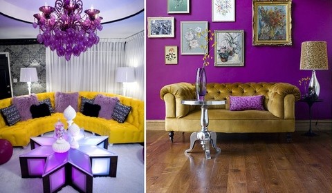 Gul sofa i lilla interiørfoto