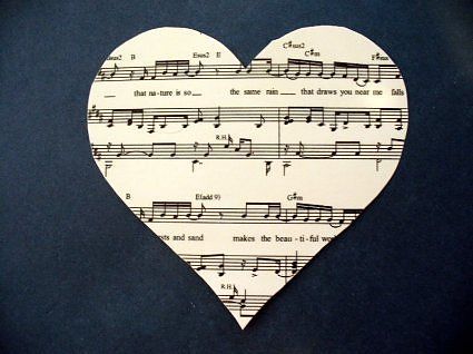 Hearts of sheet music with a 3D effect