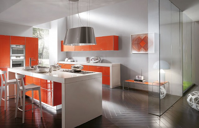 white and orange kitchen interior Crystal, Scavolini