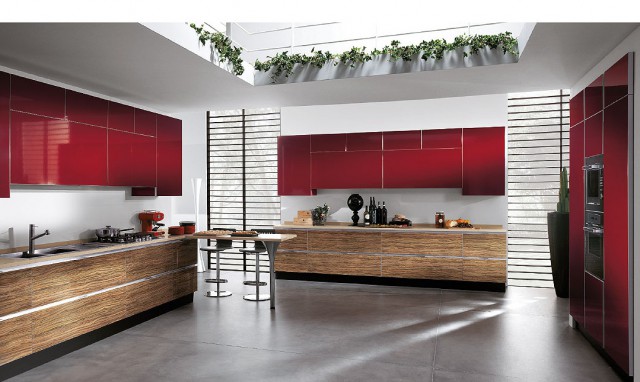 red kitchen interior Scenery with wooden decoration, Scavolini
