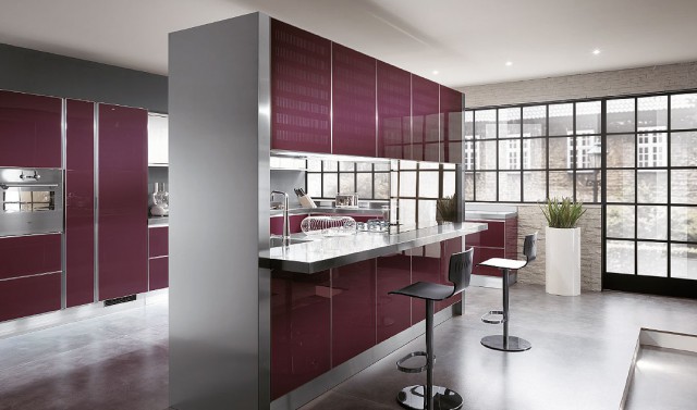 The burgundy kitchen interior with a separating screen - a bar counter
