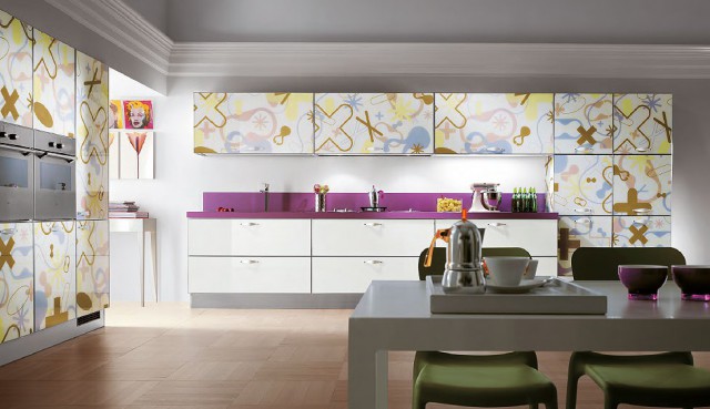 colored kitchen interior Crystal with print on furniture, Scavolini