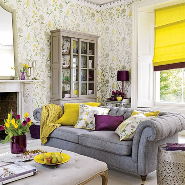 Bright accents of purple and yellow in the interior