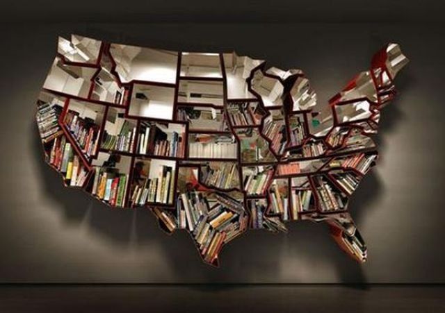 book shelves in the form of a map
