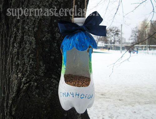 Bird feeder for birds from a plastic bottle