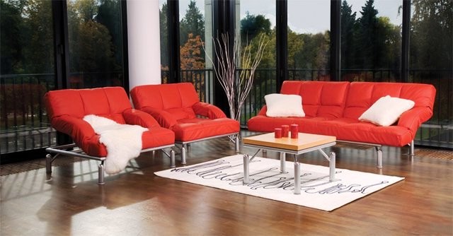 Red sofas in the interior photo