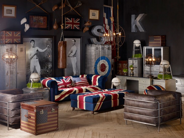 Sessel und Sofas mit der britischen Flagge auf dem Foto der Innenräume