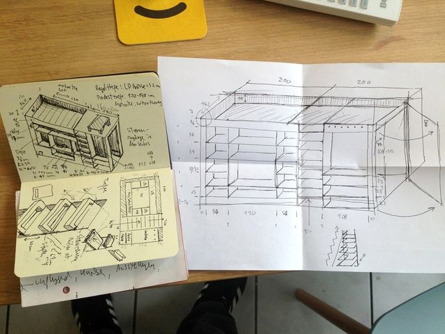 bed drawings with working area and shelves