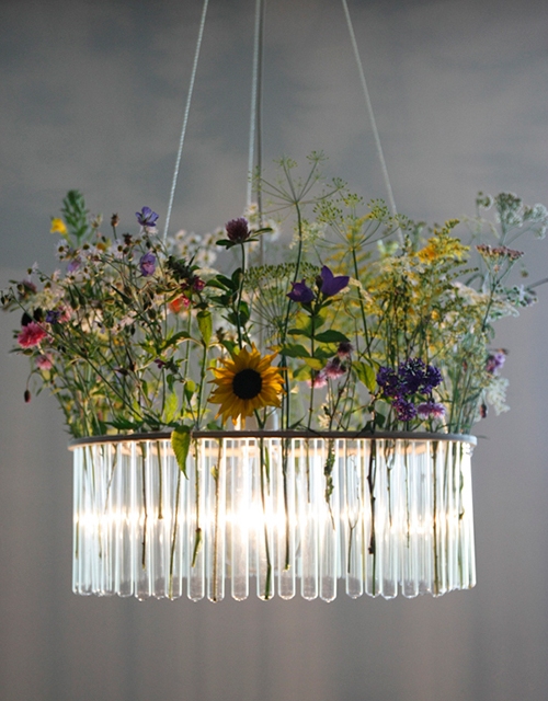 chandelier from test tubes with own hands with flowers