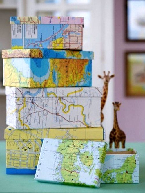 decoration of boxes and gifts with maps of the world