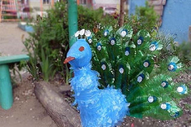 A plastic peacock peacock will be an excellent decoration element in a summer cottage