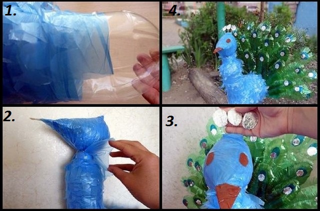 Making a peacock from plastic bottles. Stage 3