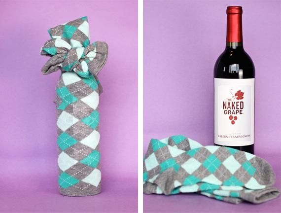 gift wrapping of a bottle of wine from a sock
