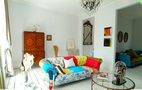 Multi-colored sofa in the interior on the photo