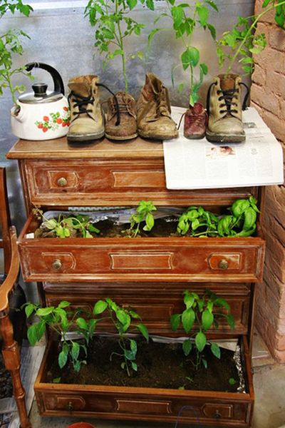 Töpfe für Pflanzen aus Objekten - Kommode und Stiefel