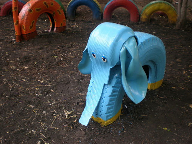 An elephant of old tires