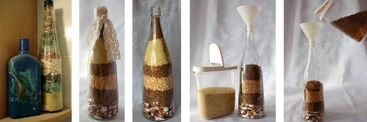 Бутилки със зърнени храни за домашен декор