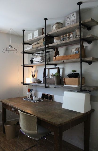 Desktop and shelves in industrial power with chimneys