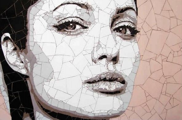 mosaic of broken tiles - a portrait of Angelina Jolie