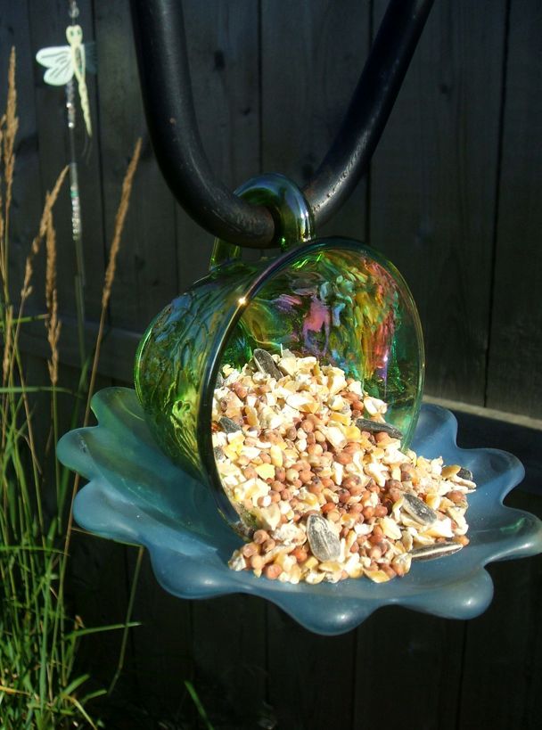 Bird feeder with your hands from a cup and saucer