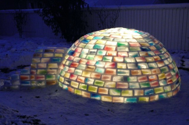 Illuminated homemade ice brick yurt