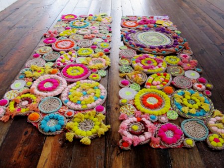 Beautiful rugs and tabletops made of multi-colored ropes