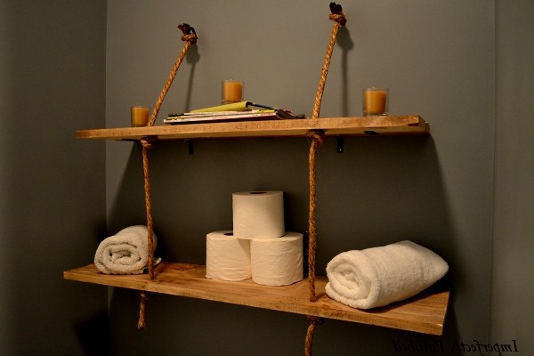 Homemade shelves made of boards and rope