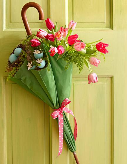 Country spring decor: umbrella with tulips