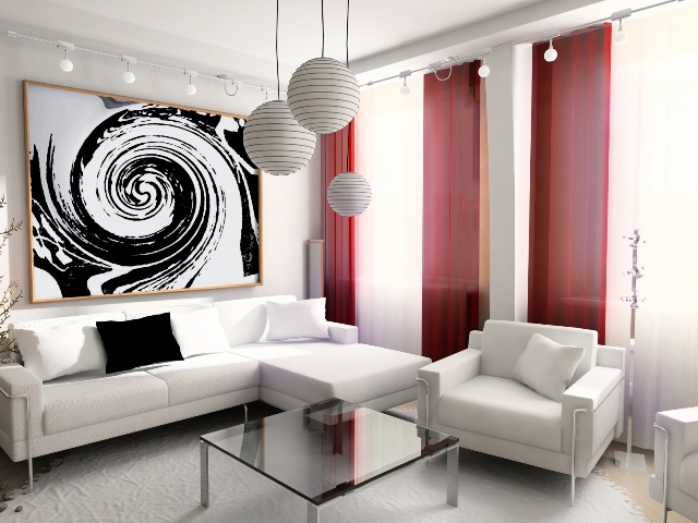 bílý interiér s kontrastními barvami