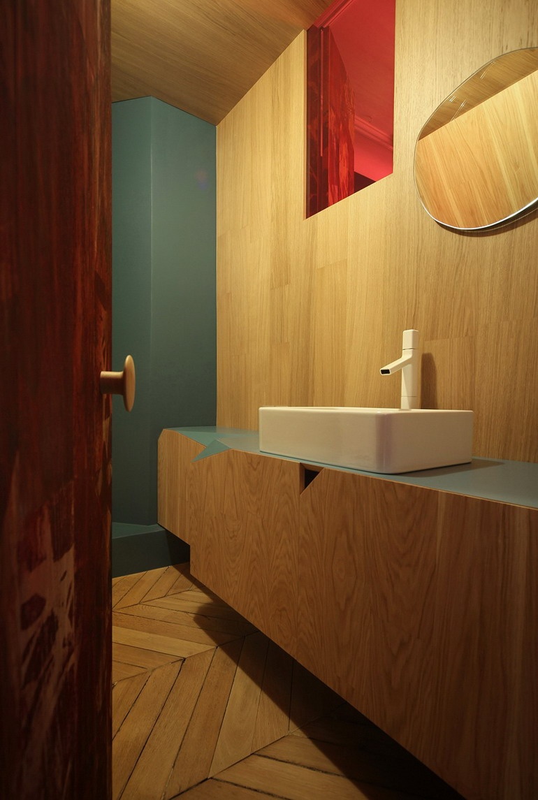 Bathroom in an apartment in the style of a fairy tale about Little Red Riding Hood