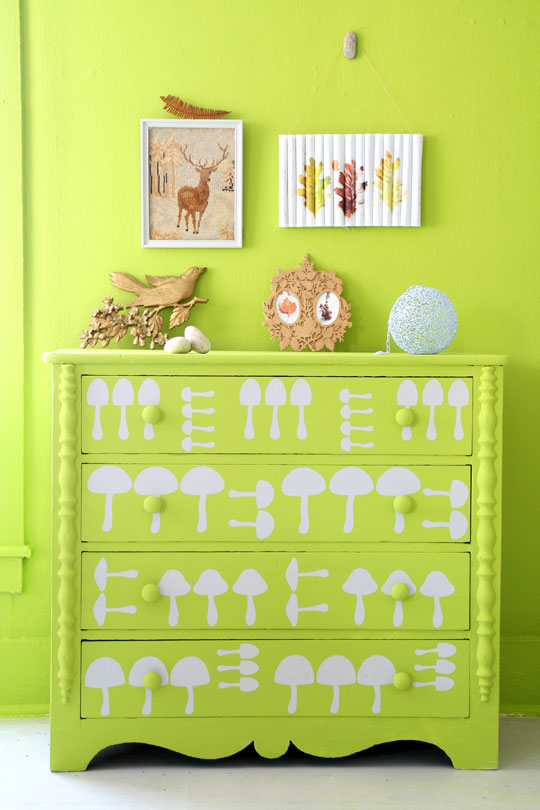 chest of drawers with mushroom stencil