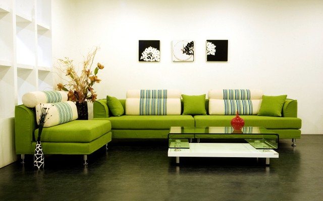 Green sofa in the interior photo