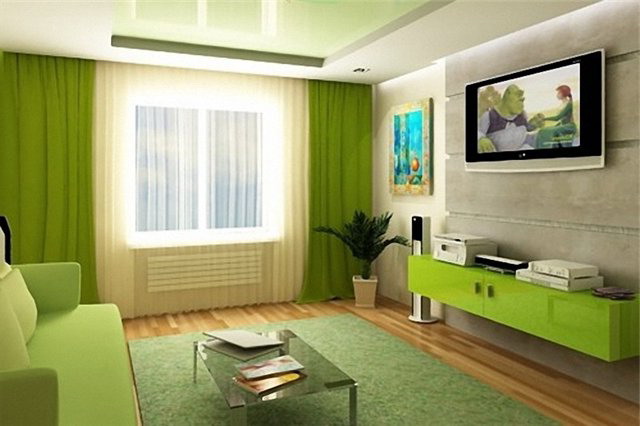 Similar shades of the same color in green interiors.