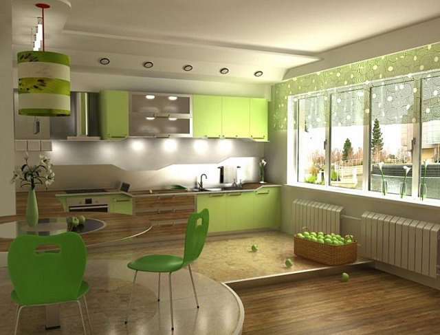 Green color in the interior of the kitchen