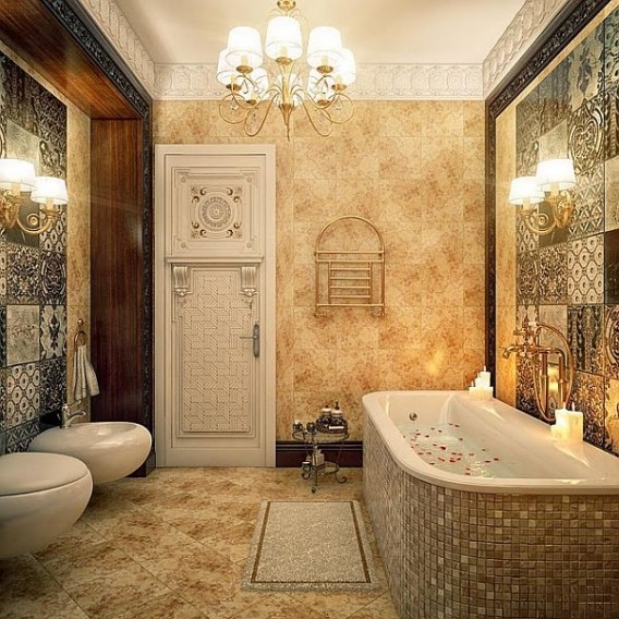 Zelta krāsa vannas istabas interjerā